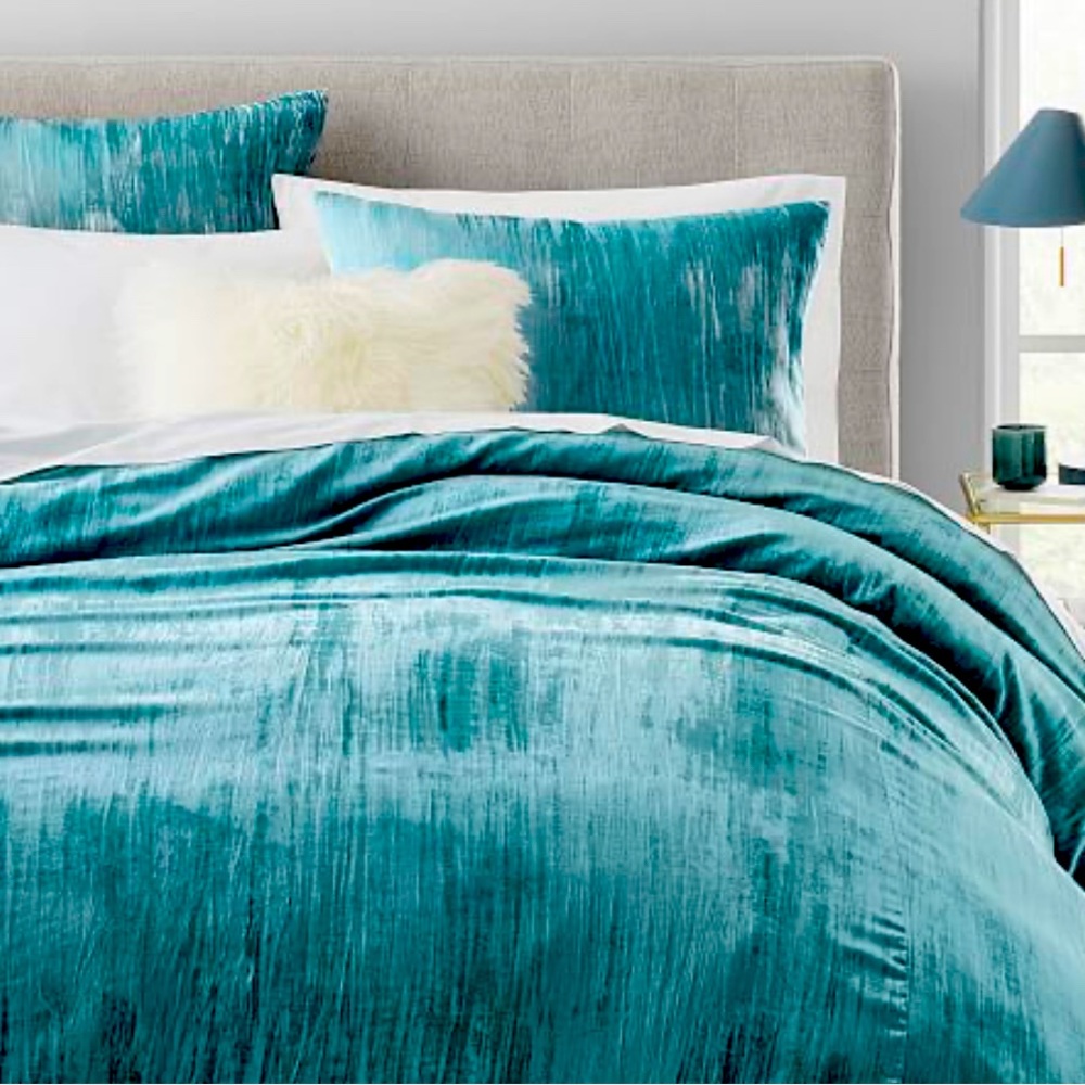 Please velvet West Elm Kung size duvet with shams